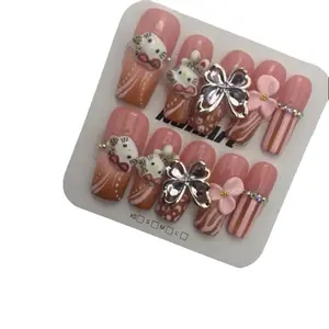Princess pink NailArt  & Flower Design Press-On Nails with Rhinestones and Sequins in S M Sizes for Stylish Nail Art