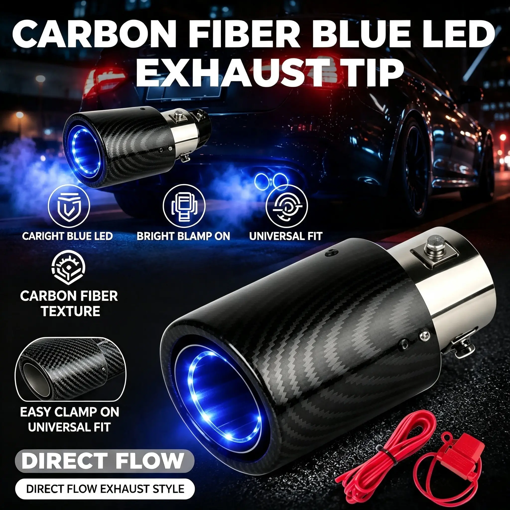 Carbon Fiber LED Exhaust Tip - 2.5in Inlet Clamp-On Direct-Flow Muffler Tip, Red/Blue Glow Light Universal Car Rear Trim, Racing Auto Modification Accessory for Sedan, SUV
