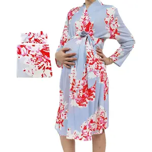 Maternity Robe and Matching Baby Swaddle Blanket Set - Maternity Clothing Casual All-Seasons Long-Sleeve Floral Loungewear Gowns, Matching Sets Baby Items Unisex Receiving Blanket Sleepwear for Pregnant Moms