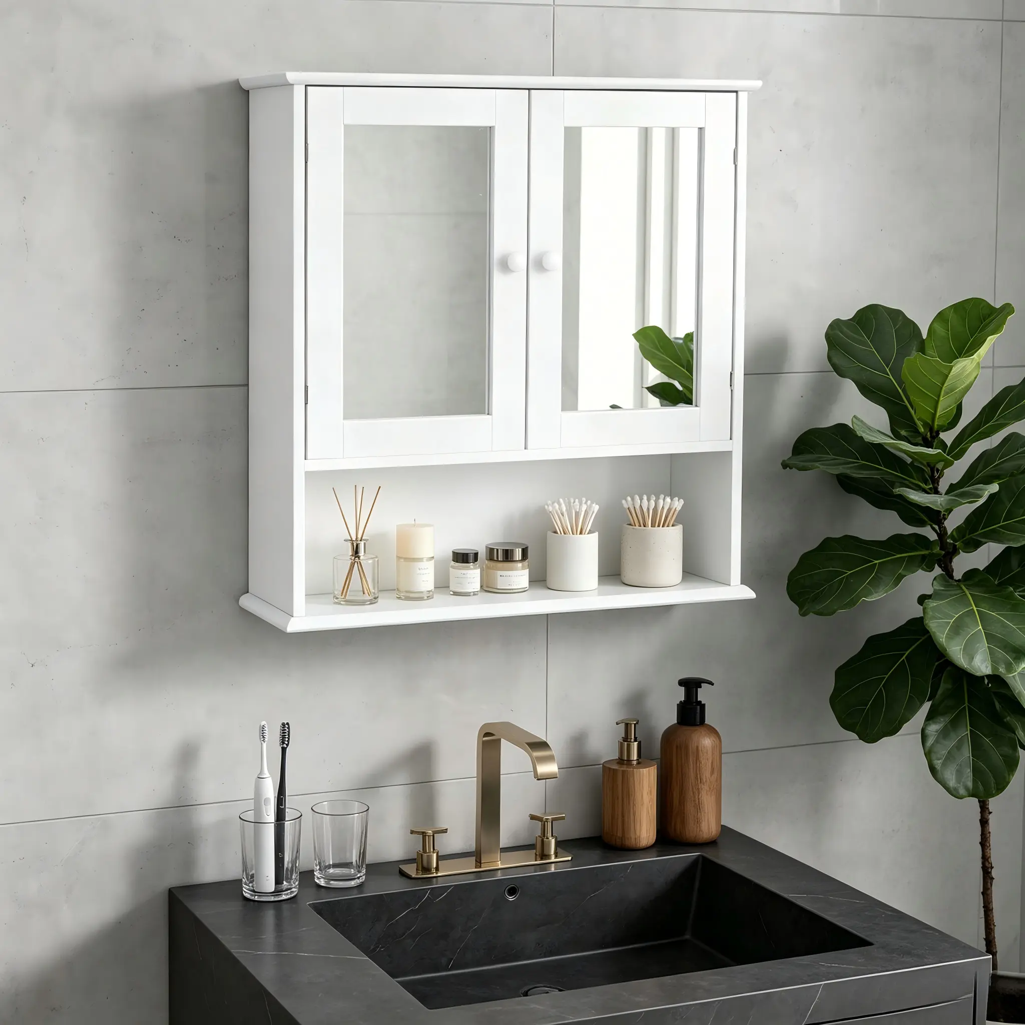 White Bathroom Medicine Cabinet with Mirror, Wall Mounted Storage Cabinet with 2 Mirrored Doors & Open Shelf, 22.8" H Bathroom Cabinet Organizer for Small Space, Adjustable Shelf, Easy to InstallHome Essentials