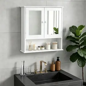 White Bathroom Medicine Cabinet with Mirror, Wall Mounted Storage Cabinet with 2 Mirrored Doors & Open Shelf, 22.8" H Bathroom Cabinet Organizer for Small Space, Adjustable Shelf, Easy to InstallHome Essentials