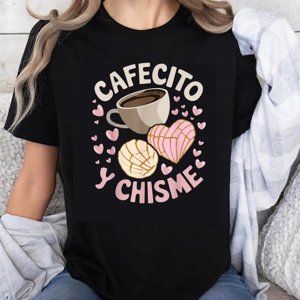 Women's 100% Cotton Round Neck Short-Sleeve Graphic T-Shirt - Lady's Everyday Top with CafeCito Y Chisme Coffee and Gossip Spanish Saying, Hearts, Coffee Cup Design, Shortsleeve, Tshirt, Vintage, Casual, Funny Print, Hearts And Coffee Cup