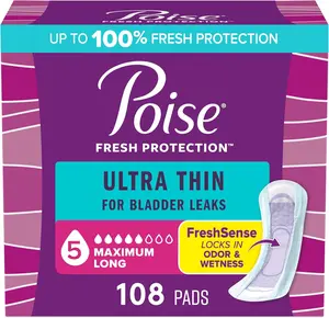 Poise Ultra Thin Incontinence Pads & Postpartum Pads for Bladder Leaks, 5 Drop Maximum Absorbency, Long Length, 108 Count, Packaging May Vary, Adults