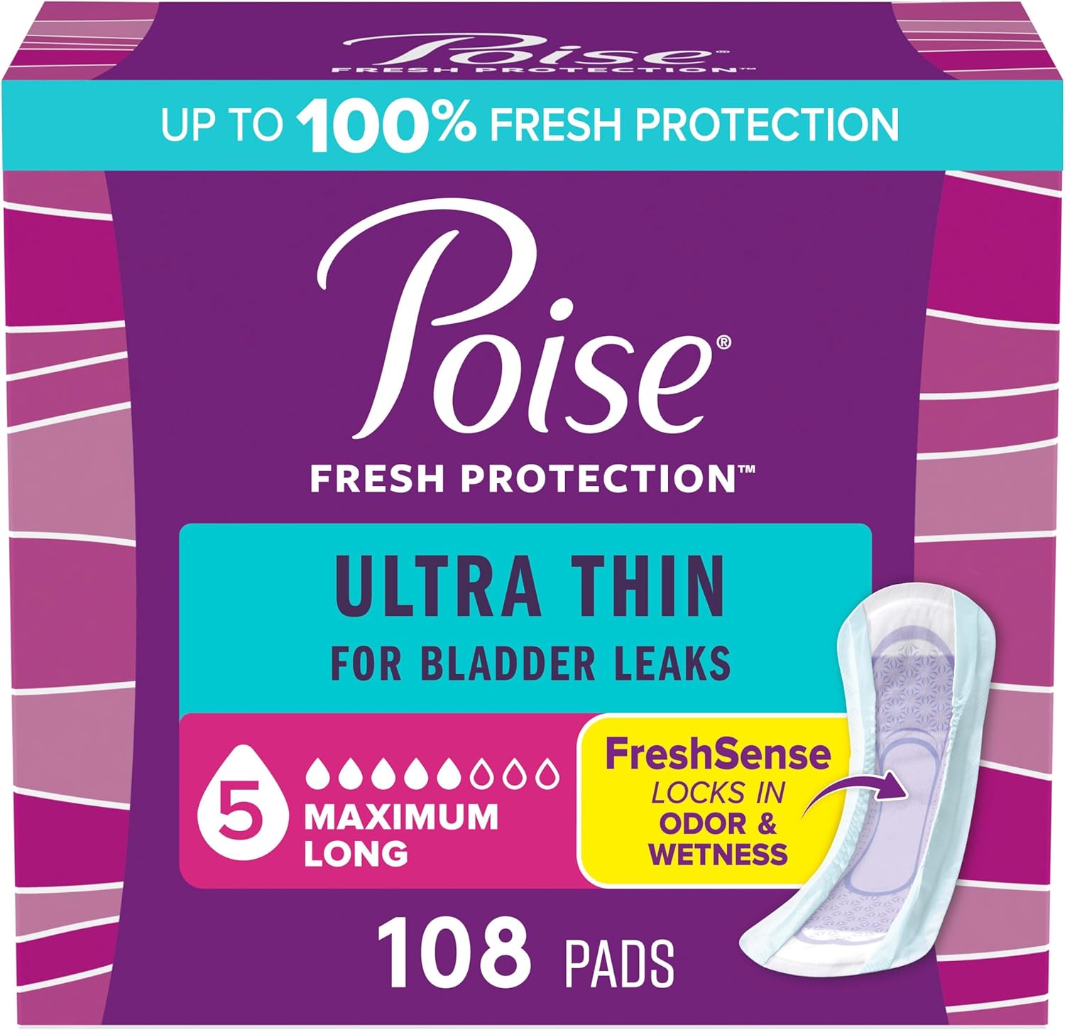Poise Ultra Thin Incontinence Pads & Postpartum Pads for Bladder Leaks, 5 Drop Maximum Absorbency, Long Length, 108 Count, Packaging May Vary