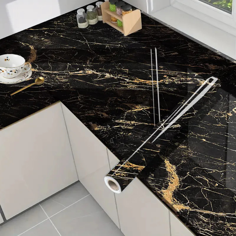1 Piece Gold Foil Black Marble Self-Adhesive Decorative Wallpaper | Oil-Proof PVC Wall Mural for DIY Home Accent Walls, Peel And Stick Wallpaper Designs, Marble Pattern Wallpaper, 45cm*300cm (17.72in*118.11in)
