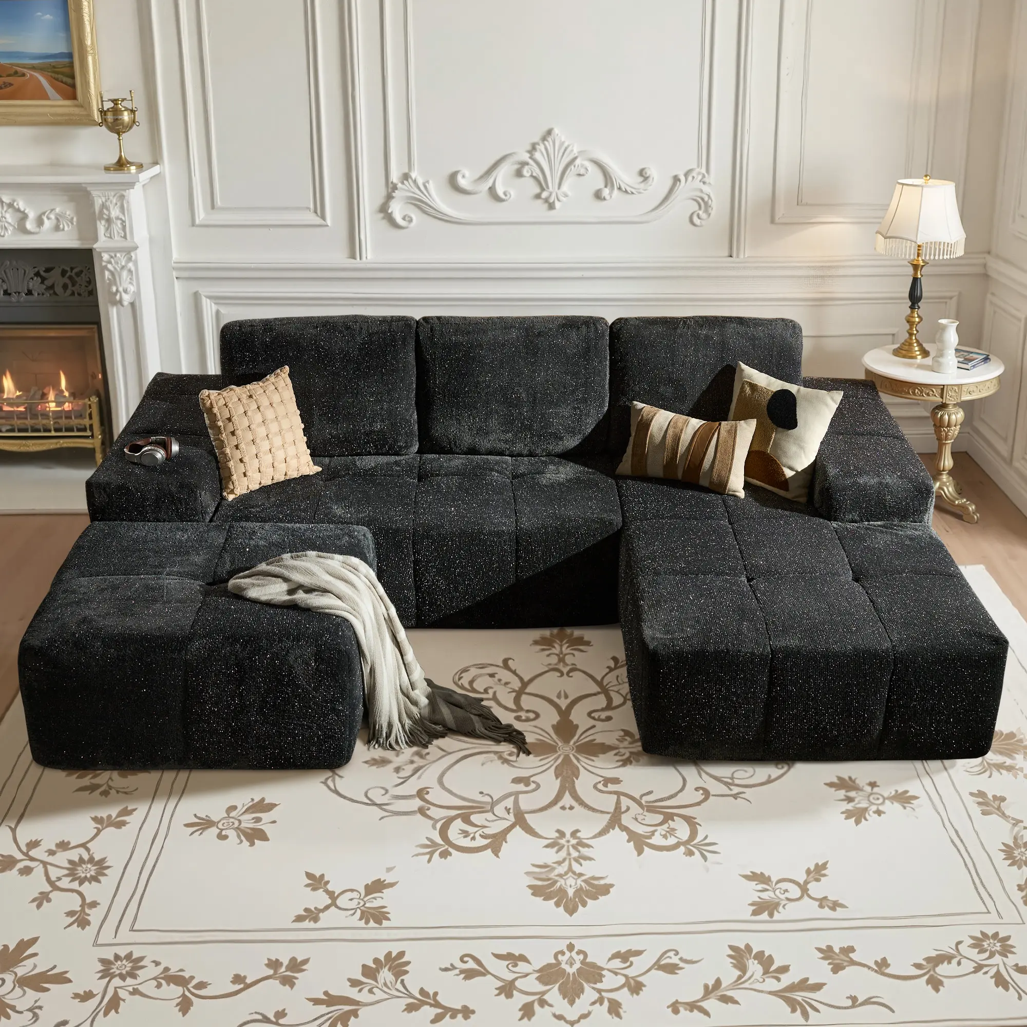 Silver Velvet Fabric Grey Right Chaise & Ottoman