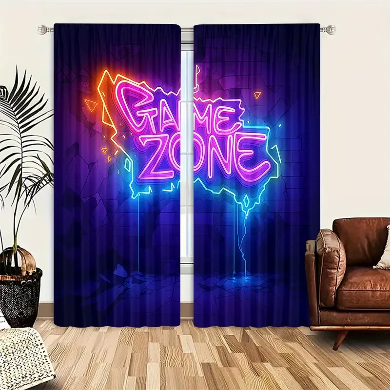 2pcs Creative Game Machine Pattern Half-Blackout Curtains, Cute Cartoon Art Style, Home Textile, Suitable for Kitchen, Living Room, Bedroom, Bathroom