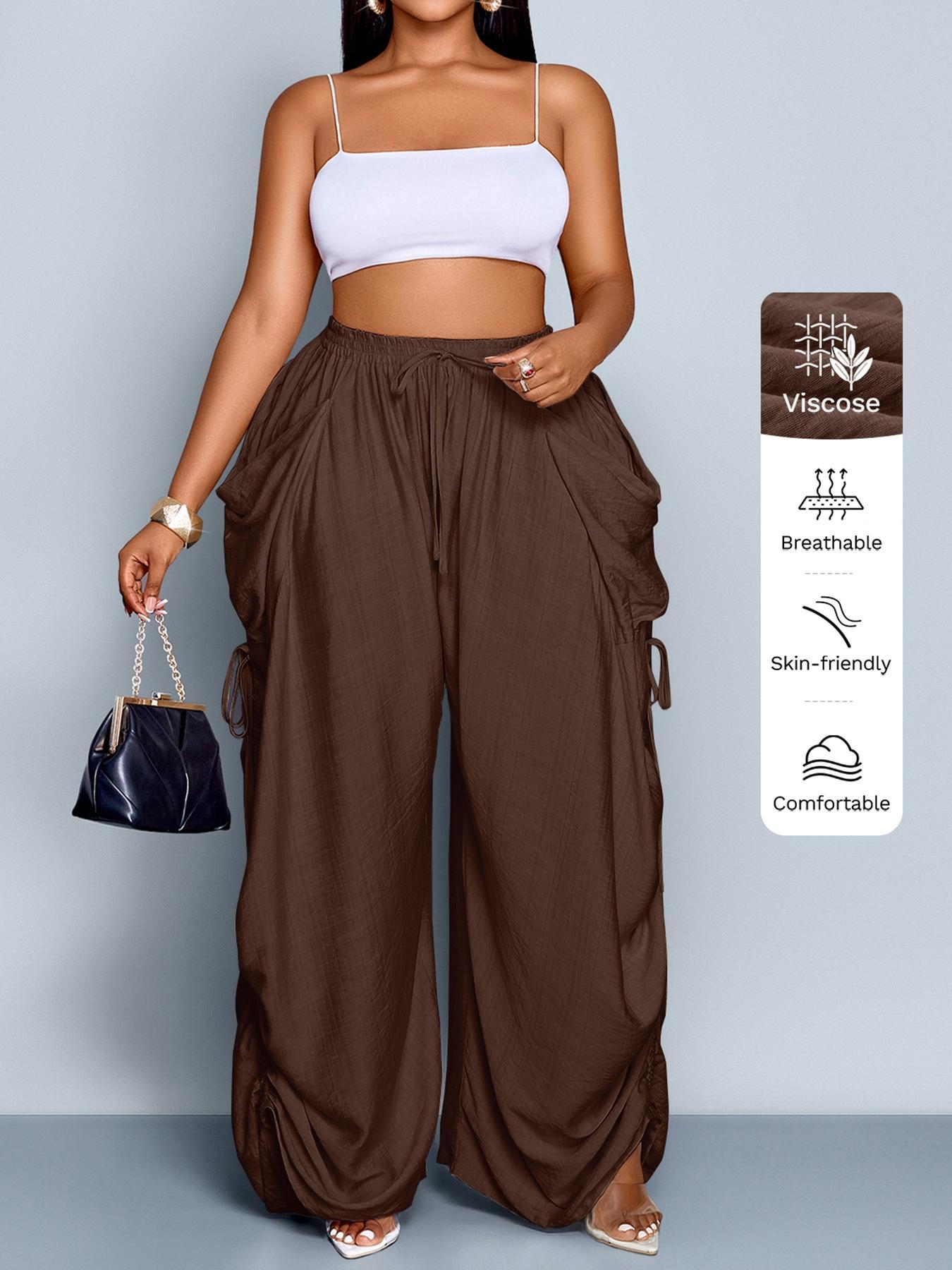 Women's Casual Loose-Fit High Waist Wide Leg Pants, All-Season Woven Fabric, Long Plain Design, Daily Commute & Vacation Wear