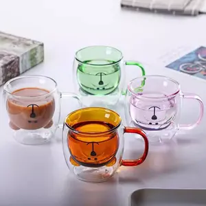 Cute Bear Double Wall Glass Cup, Heat Resistant High Borosilicate Glass Mug, Insulated Coffee Tea Milk Drinkware, Aesthetic Gift for Girlfriend