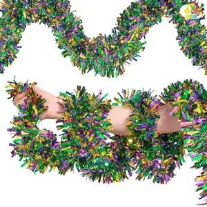 4 Pcs Mardi Gras Tinsel Garland, 66 Ft Gold Green Purple Metallic Streamers for Sparkling Glittering Hanging Decorations, Indoor Outdoor Mardi Gras Party Decorations Carnival Accessories