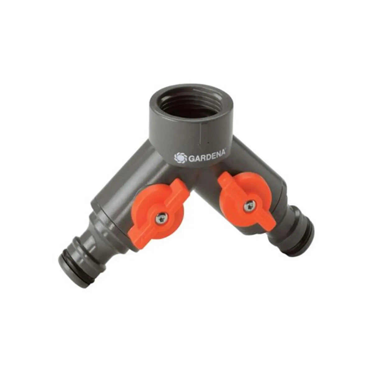 Gardena 36938-G Twin Tap Connector - Nylon-ABS Construction, Threaded, 0.5/0.62 in Sizes, 0.3 lbs, 6.75" h x 7.5" w x 1.75" l, Corrosion Proof, Leak Proof Shut Off, Easy On and Off, Quick Connection for Garden Sprayers