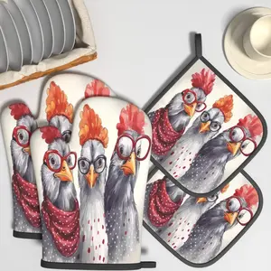 4pcs Heat Resistant Oven Mitts And Potholders Humorous Chickens Watercolor Style Oven Mitts And Pot Holders Sets Suitable For Kitchen Decoration, Cooking, Grilling, Baking And Great Holiday Camping Picnics Gifts