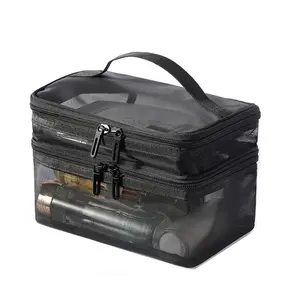 Large Capacity Double Layer Transparent Mesh Makeup Bag, Travel Cosmetic Organizer Pouch for Toiletries, Stylish and Practical Design