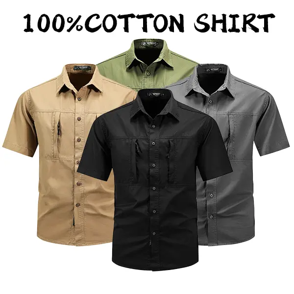 Men's Pure Cotton Short-Sleeve Work Shirt - Classic Turn-Down Collar, Multiple Colors, Fabric, Slim Fit, Menswear Workwear - Versatile Summer Top, Cargo