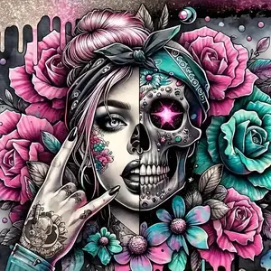 DIY Diamond Painting Kit Skull Girl Unique Design Frameless, 15.8x15.8 Inch Full Round Drill Wall Art Home Decor