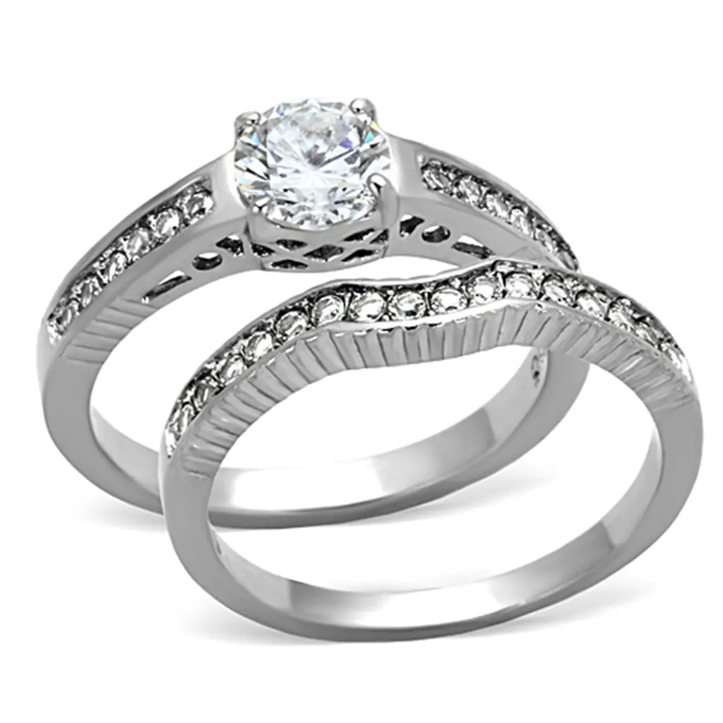 Non-Tarnish Stainless Steel Wedding Ring Set - 6x6mm Round Cubic Zirconia Brilliant Cut, Stackable Metal Rings