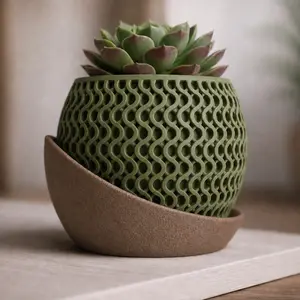Solara Wave 3D Printed Succulent Planter with Drip Tray, Modern Desk Plant Pot