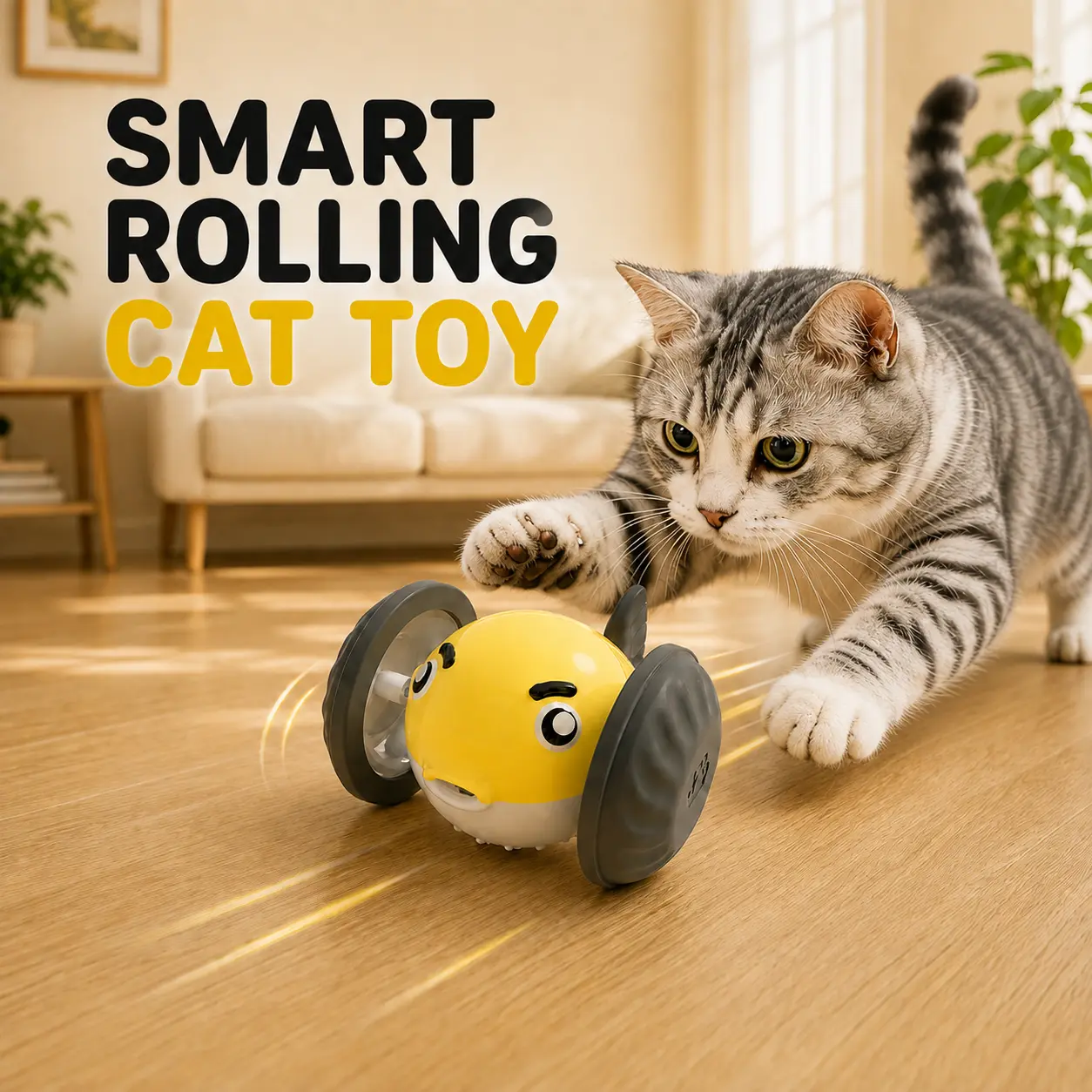 CATMUSE Interactive Rolling Cat Toy for Indoor Cats, Rechargeable Automatic Cat Toy with Quiet Silicone Wheels, Random Moving Chase Toy to Relieve Boredom and Encourage Exercise