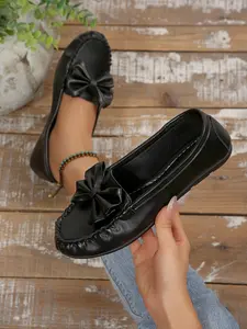 Women's Casual Loafers, Vintage No-Tie Comfort Shoes, Bowknot Decor Fashion Driving Shoes for Daily Wear, Suede Material