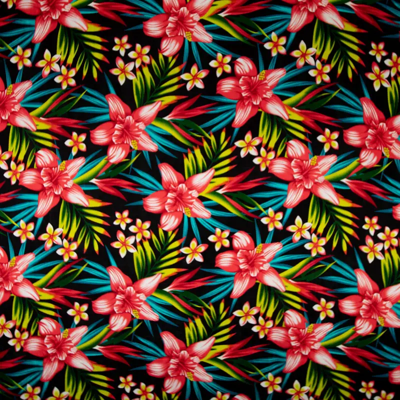 Vibrant Floral Print Rayon Fabric, Featuring Hippeastrum, Plumeria, Birds of Paradise, and Palm Leaves for Textiles & Soft Furnishings