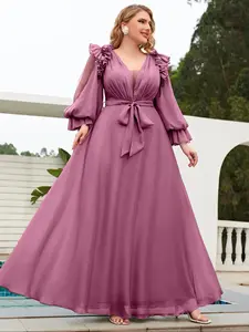 Elegant V-Neck Lantern Sleeve Dress, Ruched Front & Waist Tie, Fit, Lightweight Silk Chiffon, Flowy and Graceful, Plus Size Women's Formal Party Gown