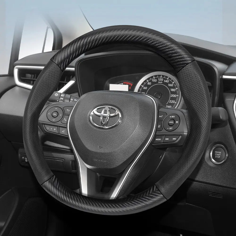 For TOYOTA Steering Wheel Cover Frosted Carbon Fiber Textured Leather Combined with Perforated Breathable PU Leather Fits RAV4/Corolla/Hilux/Camry/Yaris/Corolla Cross/Highlander/Kluger/Grand Highlander/Tacoma/Tundra/Sequoia/4Runner/C-HR/Fortuner/Innova