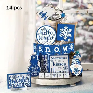 Christmas Themed Tiered Tray Decor Set, 14pcs/set Snowflake & Gnome & Letter Pattern Wooden Sign, Table Centerpieces, Party Decor Supplies, Ornaments