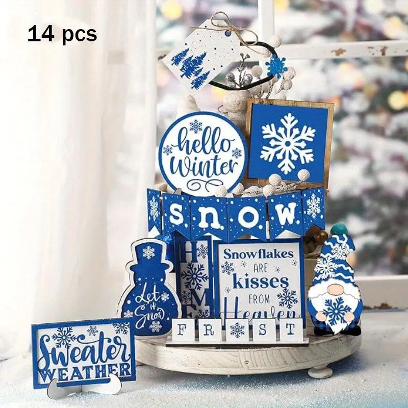 Christmas Themed Tiered Tray Decor Set, 14pcs/set Snowflake & Gnome & Letter Pattern Wooden Sign, Table Centerpieces, Party Decor Supplies, Wooden Decorative Ornaments