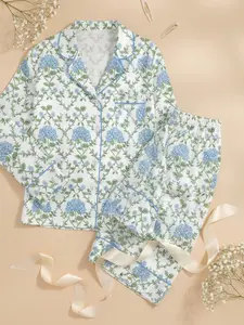 Women's Blue & Green Hydrangea Latin Pajama Set Long Sleeve Button-Up Floral Sleepwear Soft Loungewear Gift for Spring Summer Fall
