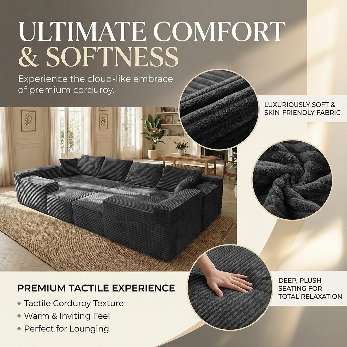 Pre-Assembled U-Shaped Modular Corduroy Sectional Couch - Soft Fabric, Space-Saving Indoor Living Room Furniture, Convertible Sofa Bed with Memory Foam Pillow, Fluffy Black