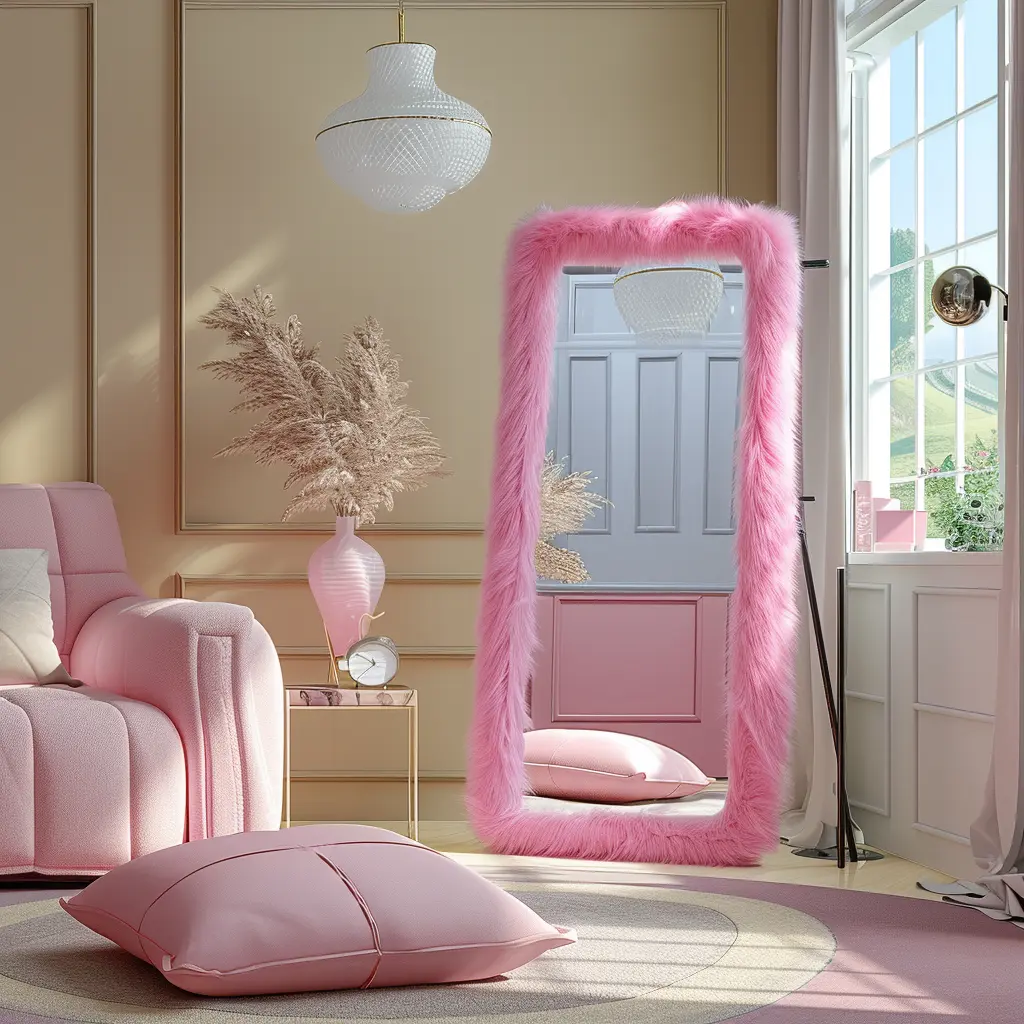 24"x 63"  Floor Mirror Full Length Mirror with Stand Black Shaggy Fur Framed Mirror Full Body Dressing Mirror Hang Lean Wall Mirror for Living Room Bedroom