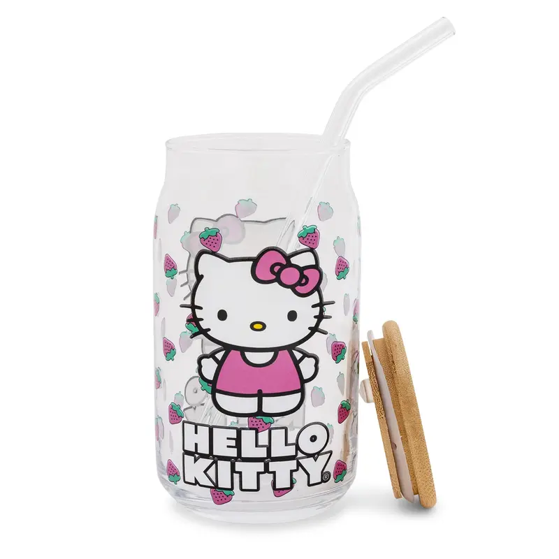 Sanrio Hello Kitty Strawberry 16oz Drinking Tumbler, Glass Cup with Bamboo Lid and Straw