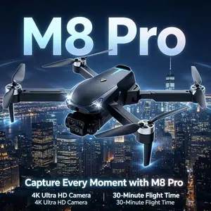 M8 Pro 2026 GPS Drone boasts 4K UHD EIS Camera and 5G WiFi FPV. Utilizing reliable Brushless Motors, Optical Flow Hover, Obstacle Avoidance and Auto Return, it supports 360° Stunt Roll and 2 Batteries for long flight.
