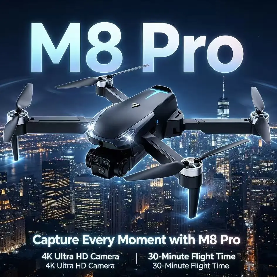 M8 Pro 2026 GPS Drone boasts 4K UHD EIS Camera and 5G WiFi FPV. Utilizing reliable Brushless Motors, Optical Flow Hover, Obstacle Avoidance and Auto Return, it supports 360° Stunt Roll and 2 Batteries for long flight.
