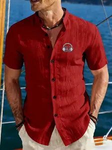 Men's Casual Stand-Up Collar Shirt with DJ Headphone Music Print, Lightweight Breathable Woven Fabric, Suitable for Beach Parties, Night Outings, Yacht Cruises, and Summer Outdoor Activities (Men's Edition)