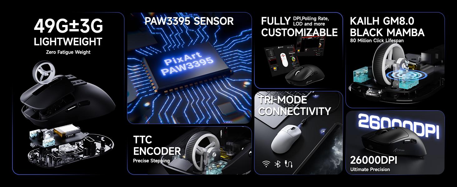 ATTACK SHARK X3 Wireless Gaming Mouse, 49g Ergonomic Computer Mouse, Triple Modes PAW3395 26K DPI Optical Sensor, 200h Battery Life, Programmable Buttons, Gaming  for PC/Laptop/Mac pc accessories