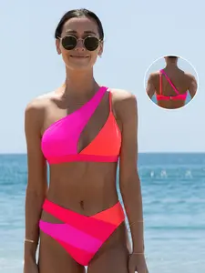 Popvil Cutout One-Shoulder Color Block Bikini Set,Women's Tummy Control High Waisted Neon Bathing Suit for Vacation