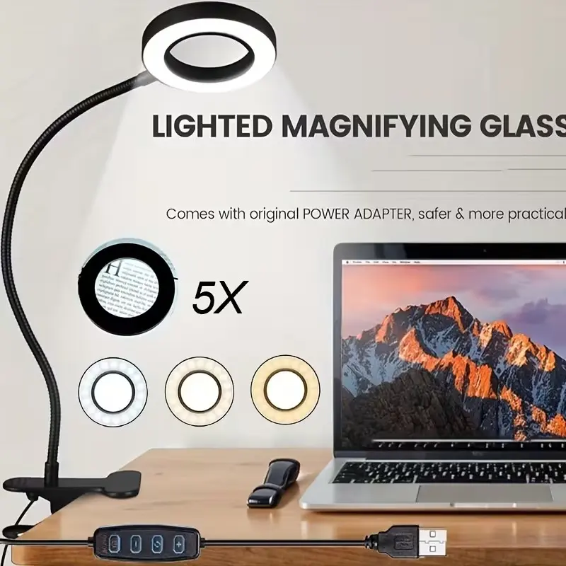 5X Magnifying Glass with Light, LED Magnifying Desk Lamp, Dimmable Lamp, Adjustable Leds, USB Powered Clip-On LED Light, 3 Adjustable Brightness Modes, Perfect for Desktop Tasks, Crafts, Repairs, Reading Magnifiers