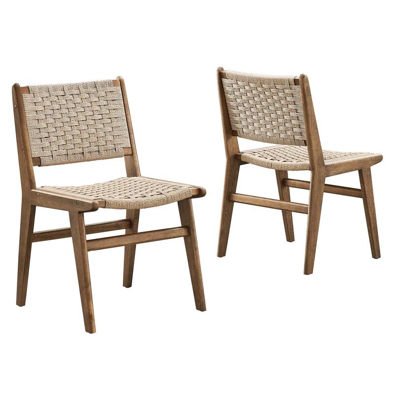 Modway Saoirse Woven Rope Wood Dining Side Chair in Walnut Natural