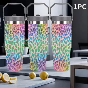 Valentine's Day Gift 30oz Rainbow Splatter Leopard Print Insulated Tumbler with Handle, Trendy Stainless Steel Travel Mug for Couples