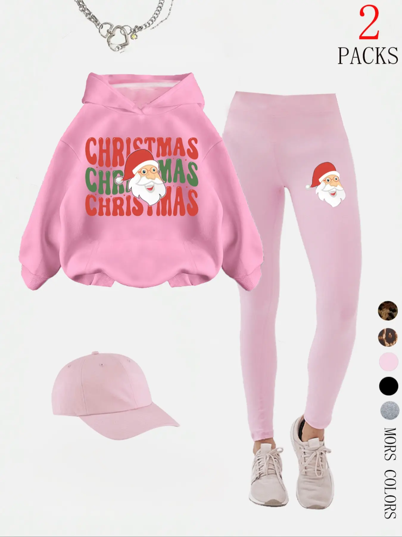 Santa Claus Pattern Casual Sportswear Set, Sweatshirt with Drop Shoulder, High Waist Tight Fit Pants, Yoga & Fitness, Sweatsuit Set