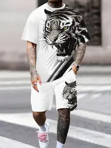 Men's 3D tiger print color-blocked casual, stylish and Breathable two-piece set, featuring a summer sporty crew neck short-sleeved top and drawstring shorts, suitable for outdoor and everyday wear.