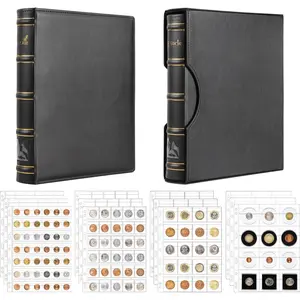 Leather Binder with  Pocket Pages Set - Assorted 4 Sizes Pages, 12 count  Pocket Inserts Collecting Sleeves for  Travel,  in  4-Ring  Album for Journal 9.6"x 11.8" BC01