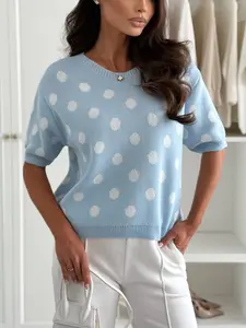 Summer New Women's Colorblock Polka Dot Round Neck Pullover Short Sleeve Knit Top, Fashionable and Versatile Daily Commute Casual Elegant Sweater