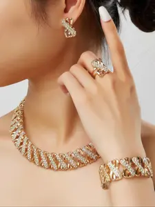 Elegant Women's Jewelry Set, Rhinestone Necklace, Earrings, Bracelet, Ring Combo, Zinc Alloy Party Accessory, Multi-Functional Daily Wear, Glamour Set