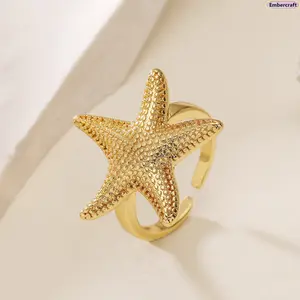 18K Gold Plated Starfish Open Ring for Women, Minimalist Coastal Beach Jewelry, Elegant Adjustable Gold Statement Ring for Summer Vacation, Daily Wear & Vacation Outfit Styling outdoorfun