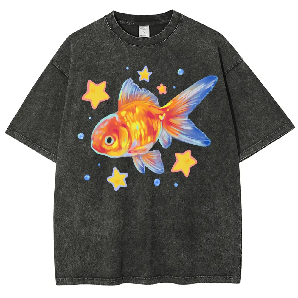 Cute Starry Goldfish Watercolor Graphic T Shirt, Vintage Washed Kawaii Aesthetic Tee, Gift for Animal Lovers