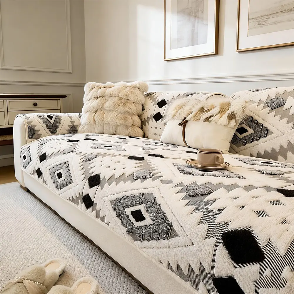Classic Fashion Geometric Pattern Sofa Cover, Sofa Slipcover, Soft Skin-Friendly Embroidery, Dustproof Anti-Slip Pet Friendly, Easy Washable