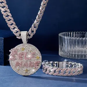 3Pcs Ice Out Crystal Street Style Full Diamond Round 'SELF MADE' Letter Pendant Necklace and Bracelet Set, Unisex Miami Rhinestone Cuban Chain, A Mother's Day Gift for Family, Friends and Lovers audacious jewelry unisex hip hop necklace
