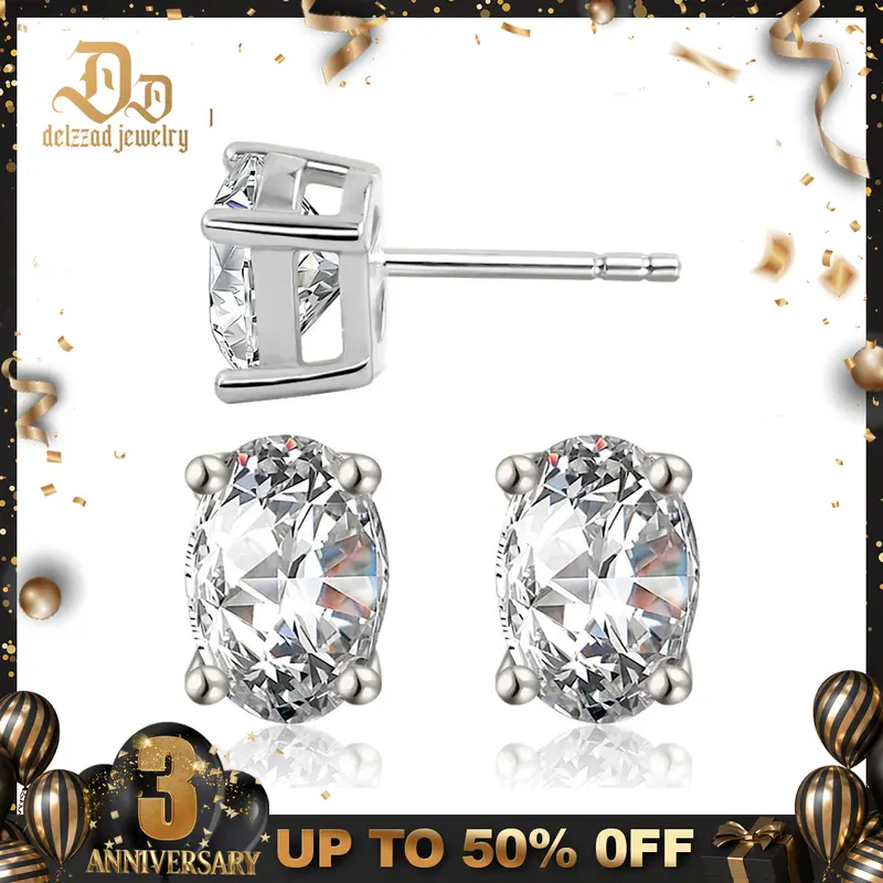Delzzad S925 Oval Cut Synthetic Moissanite Stud Earrings Christmas Gift for Men Women